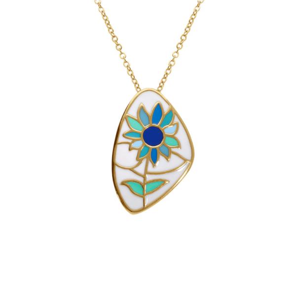 Collier Acier 316 L Doré Résine Blanche Fleur Bleu