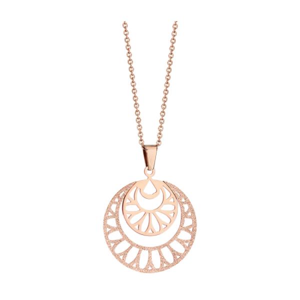 Collier Acier 316 L Rosé Pendentif Rond Ajouré Partie Granité