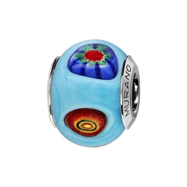 Charms Argent 925 Perle Murano Bleu Clair avec Motifs