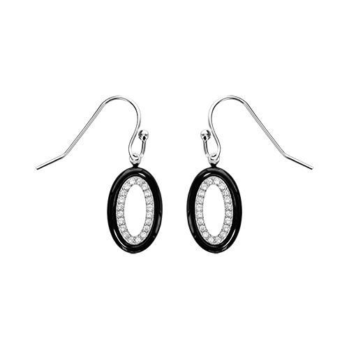 Boucles d'oreilles Argent 925 Ovale Céramique Noire Contour Zirconium Sertis