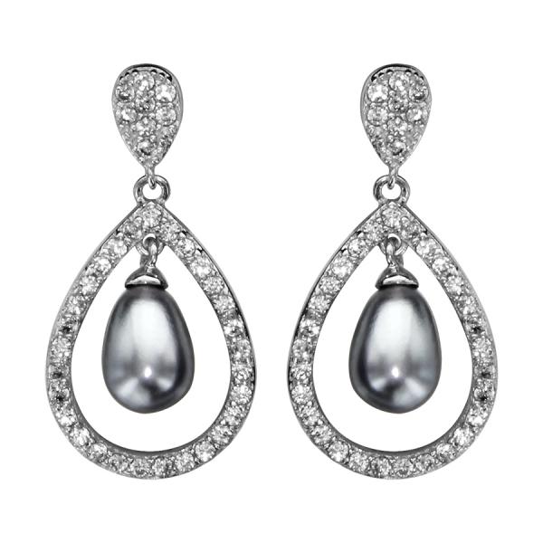 Boucles d'oreilles Argent 925 Goute Evidée avec Zirconium et Perle d'imitation Grise