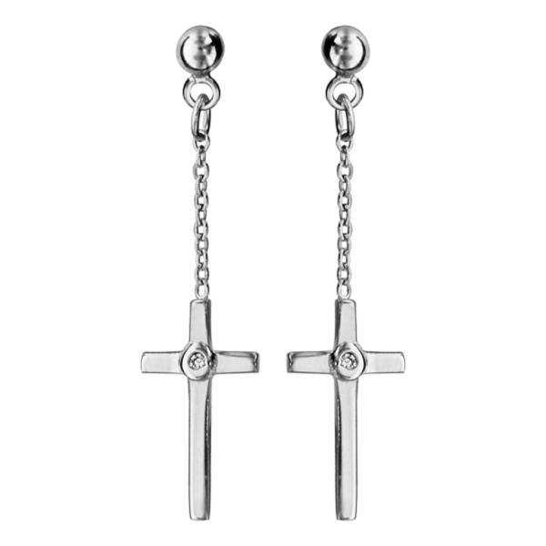 Boucles d'oreilles Argent 925 Chainette avec Croix + Zirconium