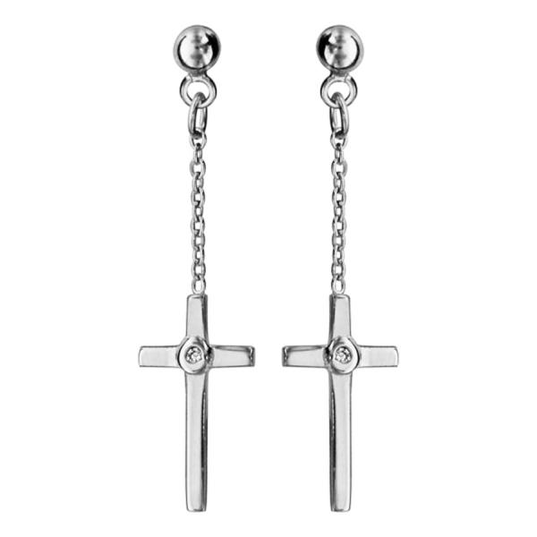 Boucles d'oreilles Argent 925 Chainette avec Croix + Zirconium