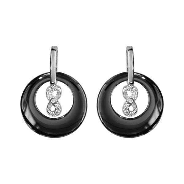 Boucles d'oreilles Argent 925 Rond Céramique Noire avec Infini Zirconium