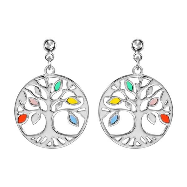 Boucles d'Oreilles Pendantes Argent 925 Arbre de Vie Multi-Couleurs