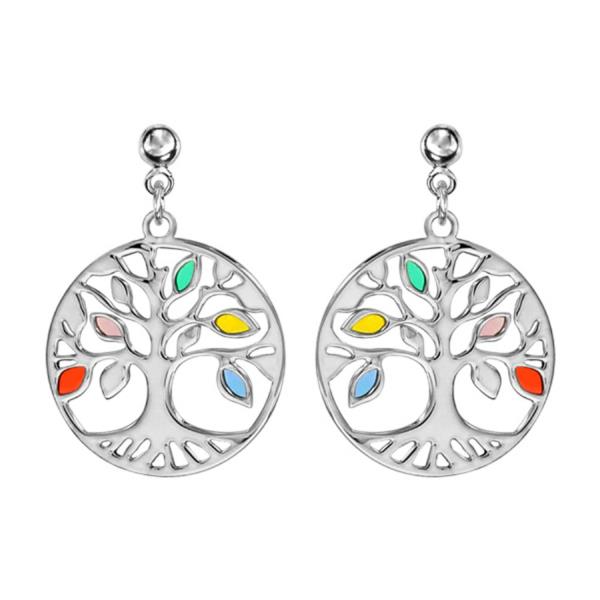 Boucles d'Oreilles Pendantes Argent 925 Arbre de Vie Multi-Couleurs