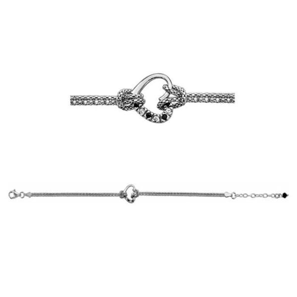 Bracelet Argent 925 Double Chaines Coeurs Zirconium Noir et Blanc