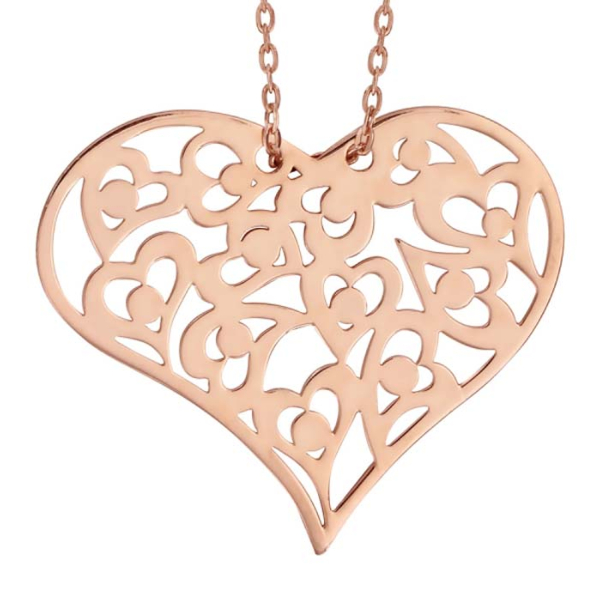 Collier Argent 925 Dorure Rose Coeur Decoupe Arabesque