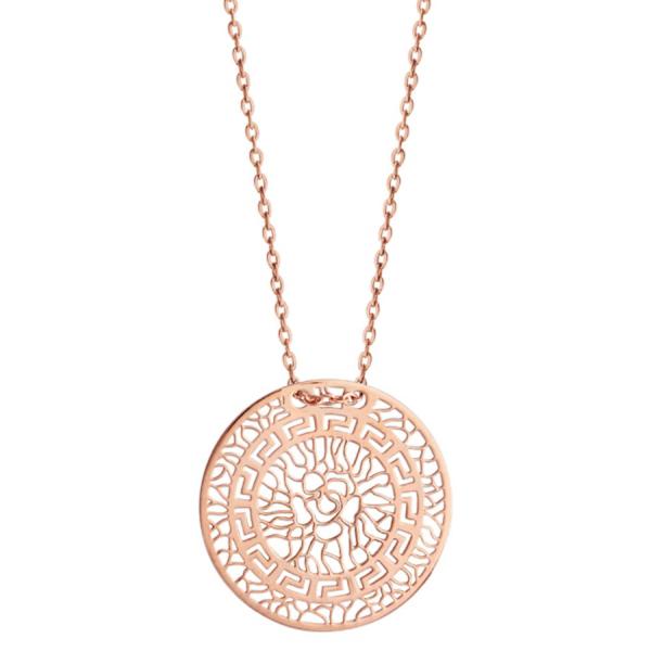 Collier Argent 925 Dorure Rose Pendentif Rond Motif Découpé