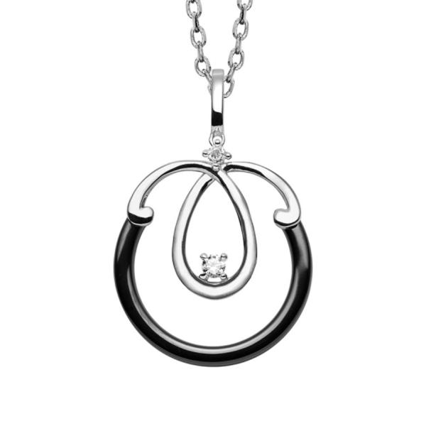 Collier Argent 925 Pendentif Rond en Céramique Noire avec Volute et Zirconium Sertis