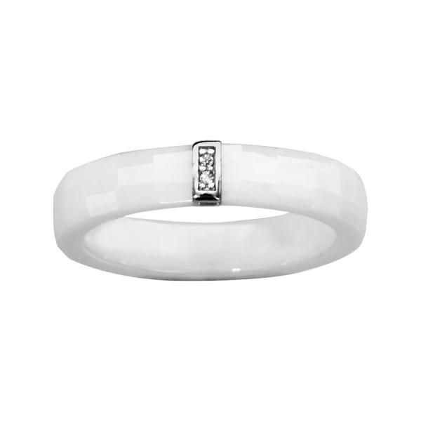 Bague Argent 925 Anneau Céramique Blanche Faceté Barette Zirconium Sertis