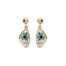 Boucles d'oreilles Tige Acier 316 L Doré Résine Blanche Fleur Bleu