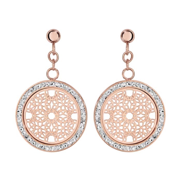 Boucles d'oreilles Acier 316 L Rose Ronde Motif Rosace Contour Strass Blanc 