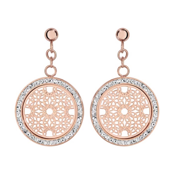 Boucles d'oreilles Acier 316 L Rose Ronde Motif Rosace Contour Strass Blanc 