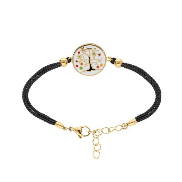 Bracelet Acier 316 L Doré Arbre de Vie Résine Multicolore Cordon Noir