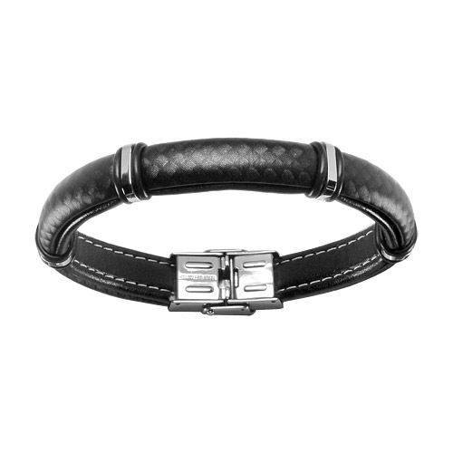 Bracelet Acier 316 L et Cuir Noir avec Quadrillage