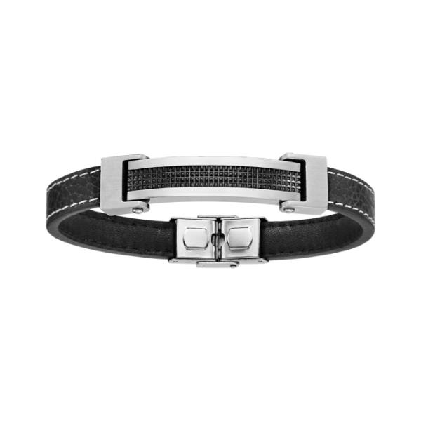 Bracelet Acier 316 L Cuir Noir Plaque Quadrillage 21,5 cm