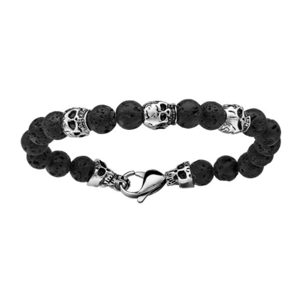 Bracelet Acier 316 L Perles de Lave Mates Têtes de Mort 