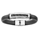 Bracelet Acier 316 L Cuir PU Noir avec Plaque Carbone Noire 21 cm