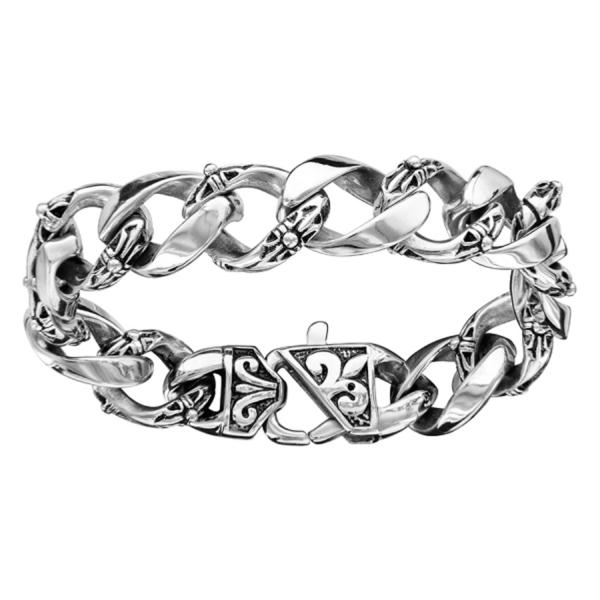 Bracelet Acier 316 L Maille Gourmette Motif Patiné 22,5 cm