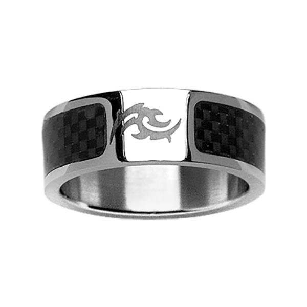 Bague Acier 316 L et Carbone Motif Tribal