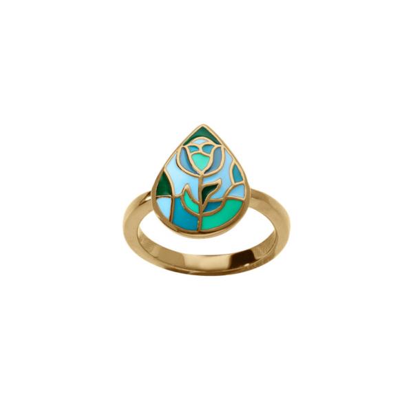Bague Acier 316 L Doré Forme Goutte Résine Bleu Vert