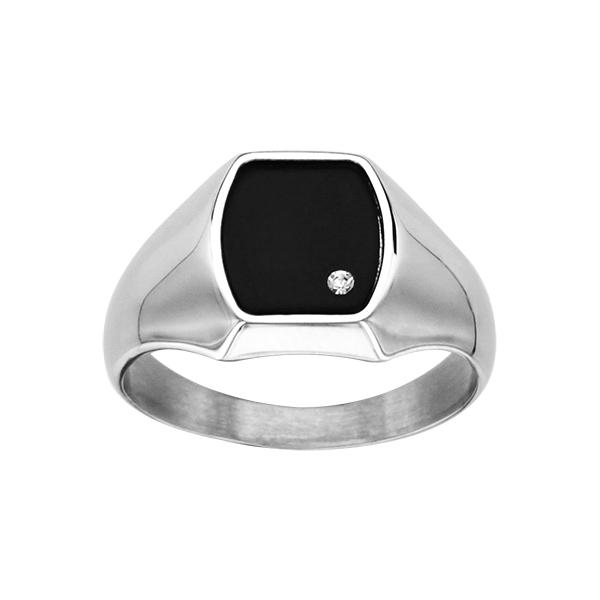 Bague Homme Acier 316 L Chevalière Plateau Tonneau Noir 1 Strass