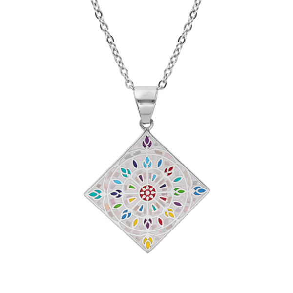 Collier Acier 316 L Pendentif Mosaïque Résine Multicolore avec Nacre