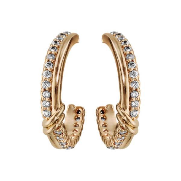 Boucles d'Oreilles Plaqué Or Demi Créoles Barrette Zirconium Sertis avec Noeud