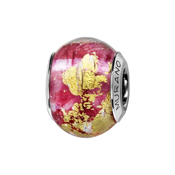 Charms Argent 925 Perle Murano Rouge Feuille Doré