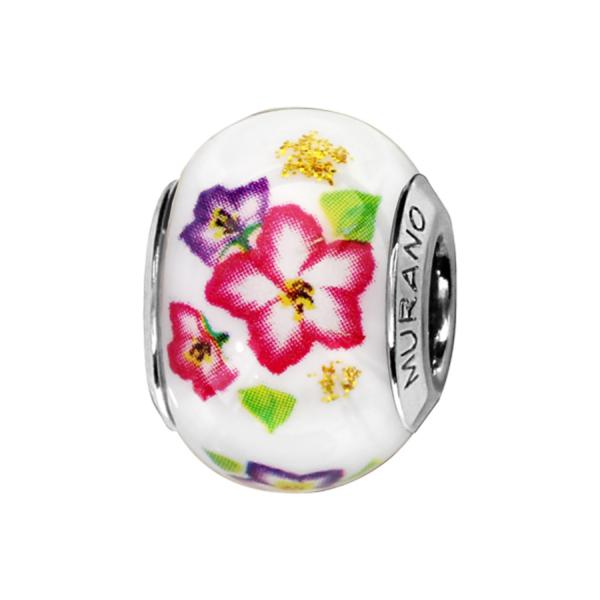 Charms Argent 925 Perle Murano Blanc Fleur Multicolore