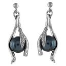 Boucles d'oreilles Argent 925, Zirconium et Perle d'imitation Grise