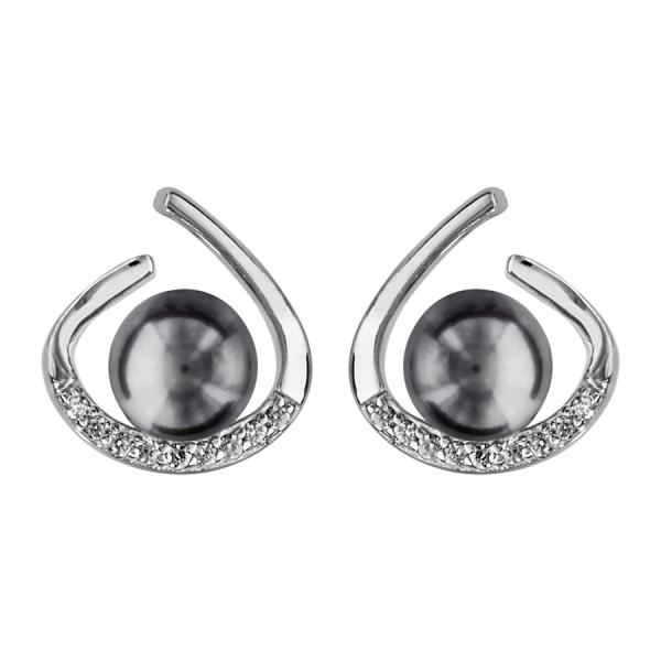 Boucles d'oreilles Argent 925 et Zirconium Sertis Perle d'imitation Grise
