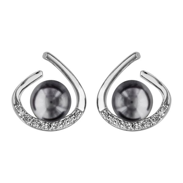 Boucles d'oreilles Argent 925 et Zirconium Sertis Perle d'imitation Grise