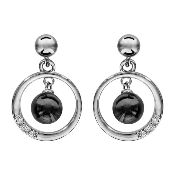 Boucles d'oreilles Argent 925 Cercle avec Zirconium Sertis + Boule Céramique Noire 