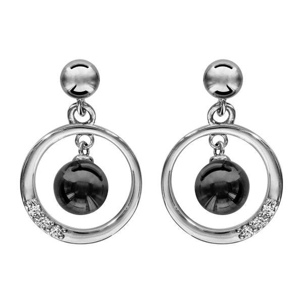 Boucles d'oreilles Argent 925 Cercle avec Zirconium Sertis + Boule Céramique Noire 