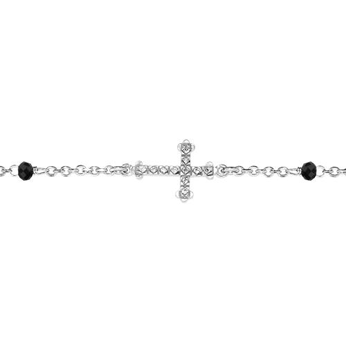 Bracelet Argent 925 Chainette Boules Noires Croix Couchée avec Zirconium