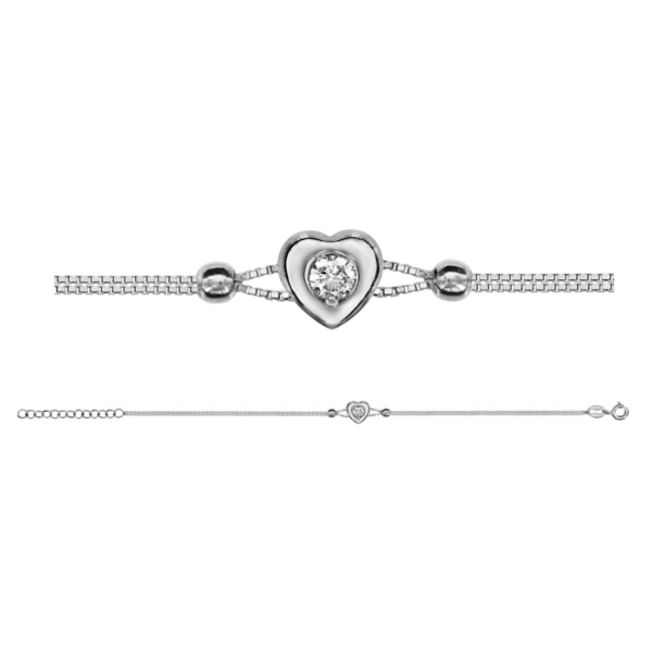 Bracelet Argent 925 Double Chaîne Petit Coeur avec Zirconium Serti