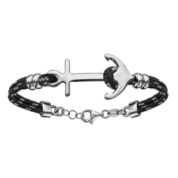 Bracelet Argent 925 2 Rangs Corde Noire et Grise Ancre Marine