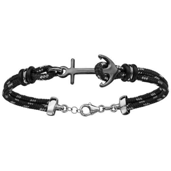 Bracelet Argent 925 2 Rangs Corde Noire et Grise Ancre Marine Rhuténium Noir