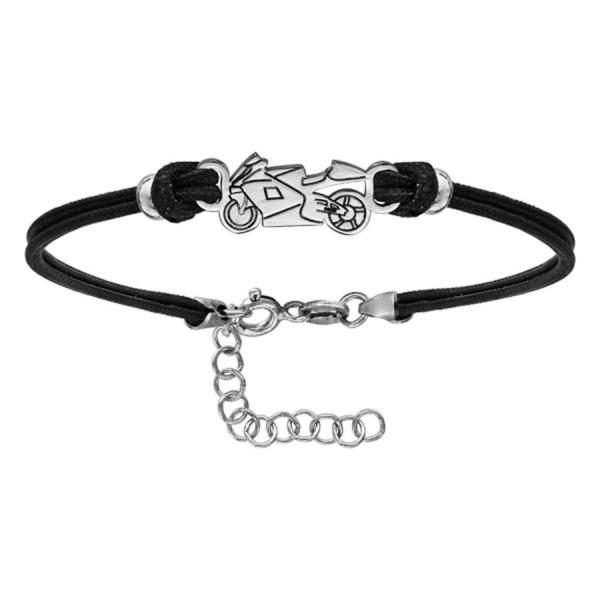 Bracelet Argent 925 Cordon Double Noir Motif Moto