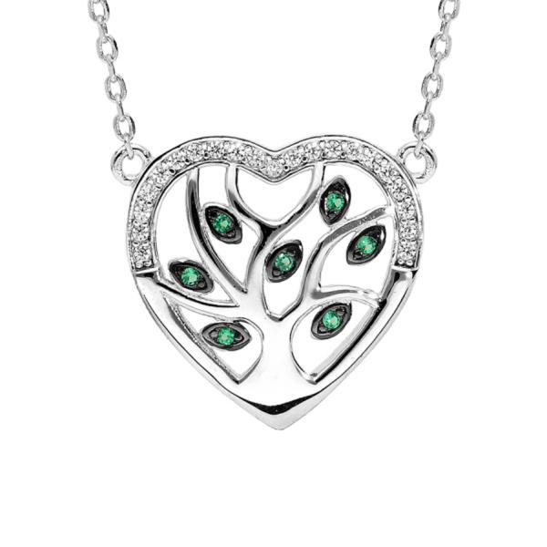 Collier Argent 925 Coeur Arbre de Vie Zirconium Verts