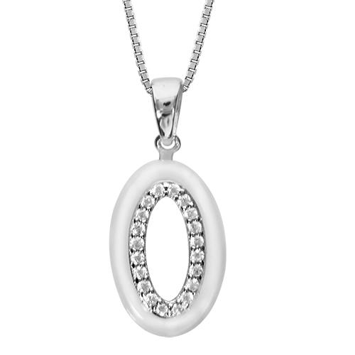 Collier Argent 925 Pendentif Ovale Céramique Blanche Contour Zirconium Sertis