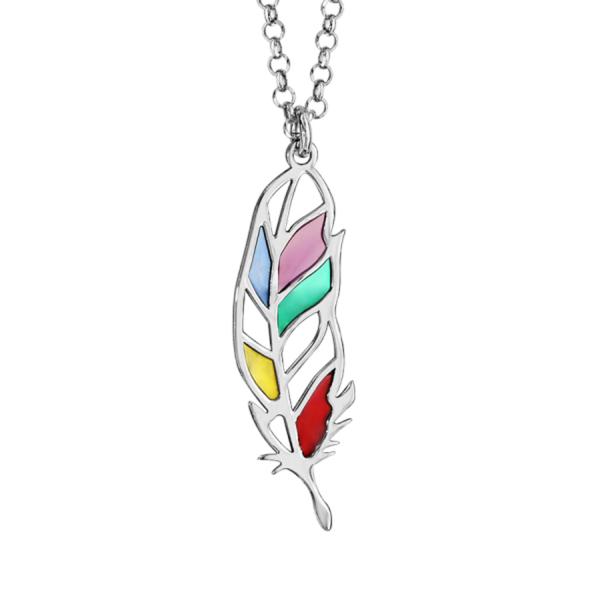 Collier Argent 925 Pendentif Plume Vitrail Translucide 