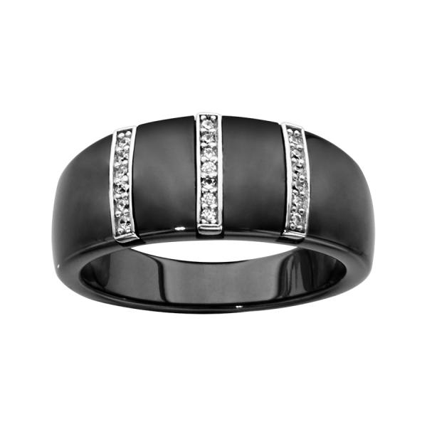 Bague Argent 925 Anneau Céramique Noire 3 Barettes Zirconium Sertis