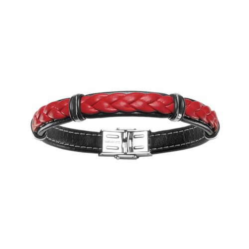 Bracelet Acier 316 L et Cuir Tressé Rouge et Noir