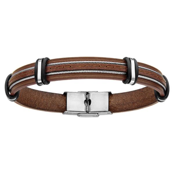 Bracelet Acier 316 L Cuir Marron 2 Cables Gris 20 cm