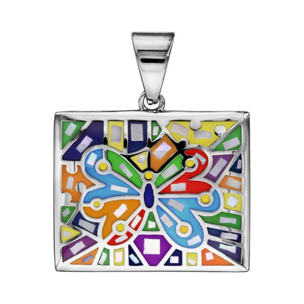 Pendentif Acier 316 L avec Nacre Forme Rectangulaire Papillon Multi-Couleur