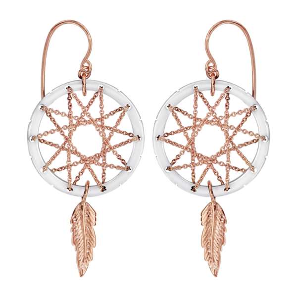 Boucles d'oreilles Plaqué Or Rose Cercle Céramique Blanche Attrape Rêve 