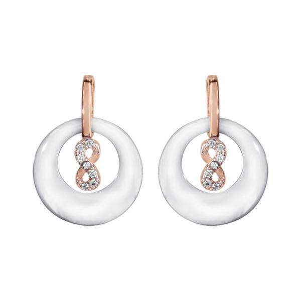 Boucles d'oreilles Plaqué Or Rose Rond Céramique Blanche avec Infini Zirconium